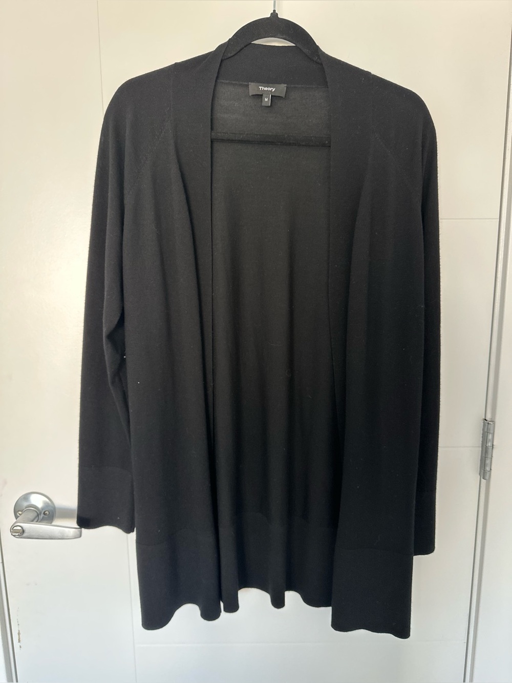 100% Merino Wool Theory Black Open-Front Longline Women's Cardigan
